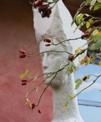 A stone guard is watching the entrance of "Il Peperino"