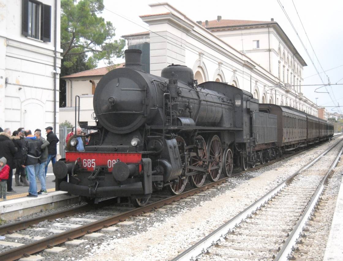 Steam locomotove FS 685 at the train station of Perugia-Fontivegge